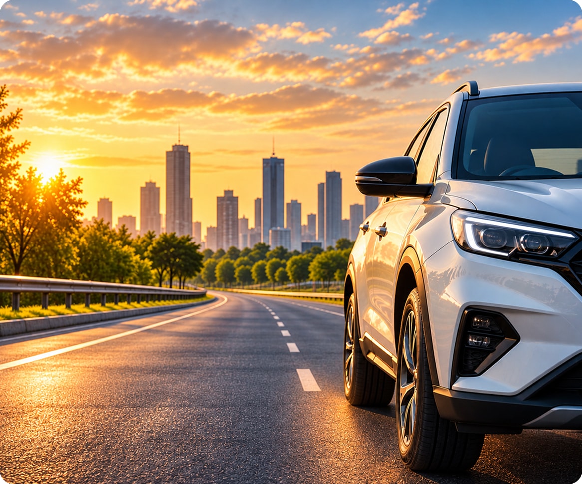 White SUV on a highway at sunset with a city skyline