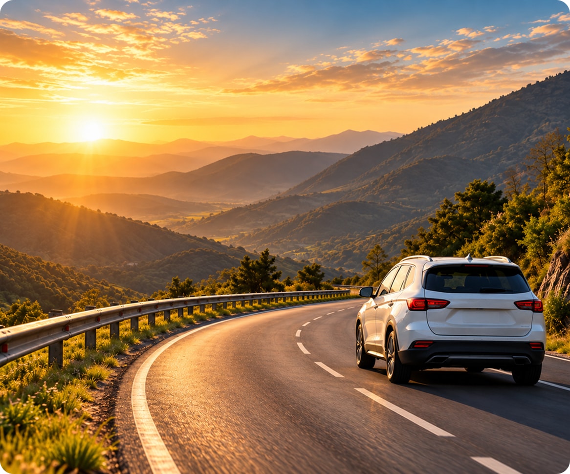White SUV driving on a mountain road at sunrise