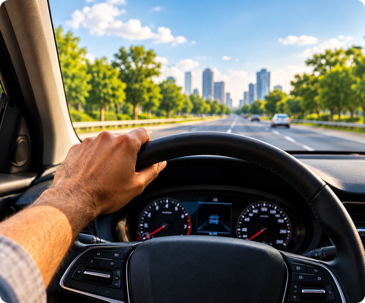 Driver’s hand on the steering wheel on a city-bound road