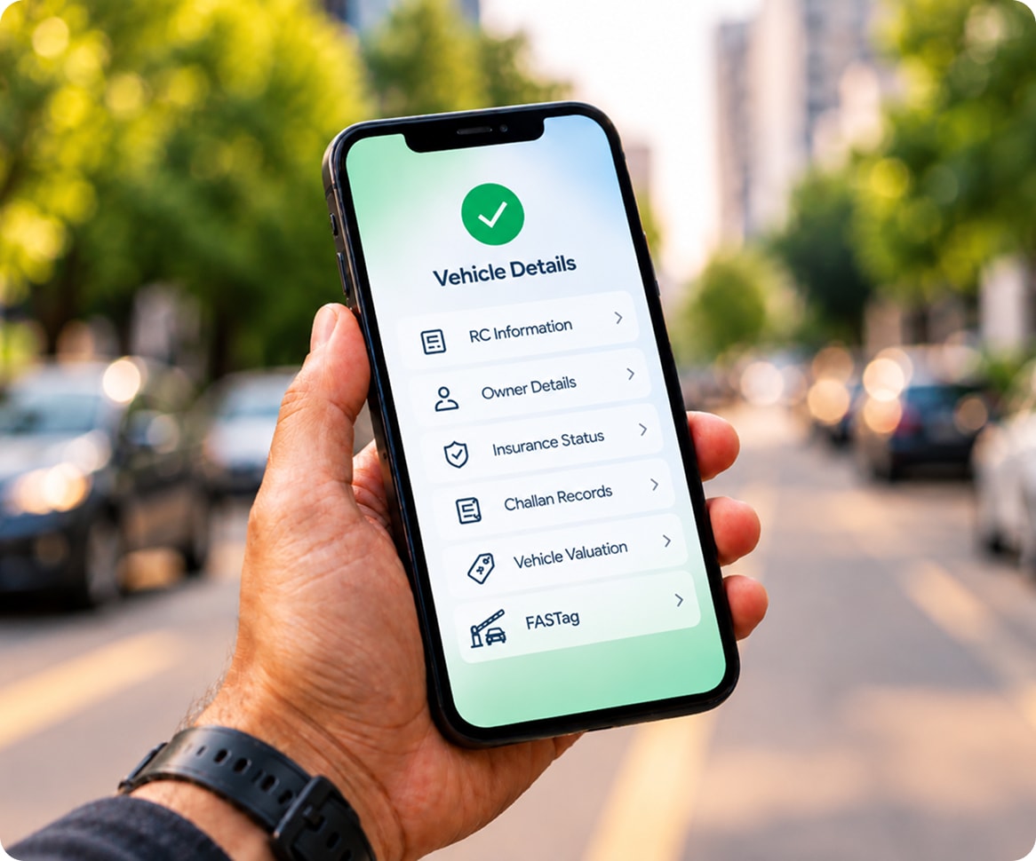 Hand holding a phone showing vehicle details on a city street
