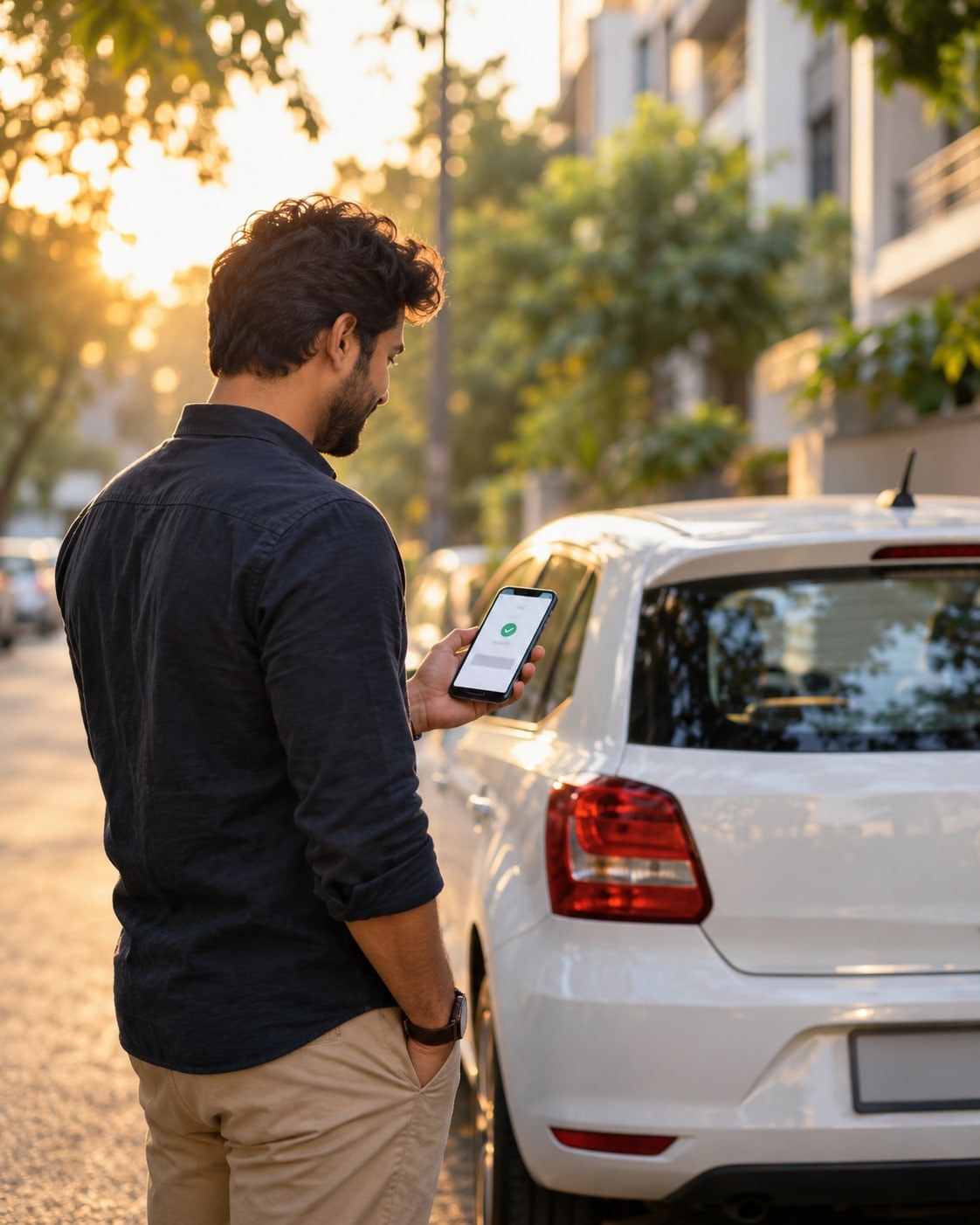 Vehicle owner checking their phone beside a parked car