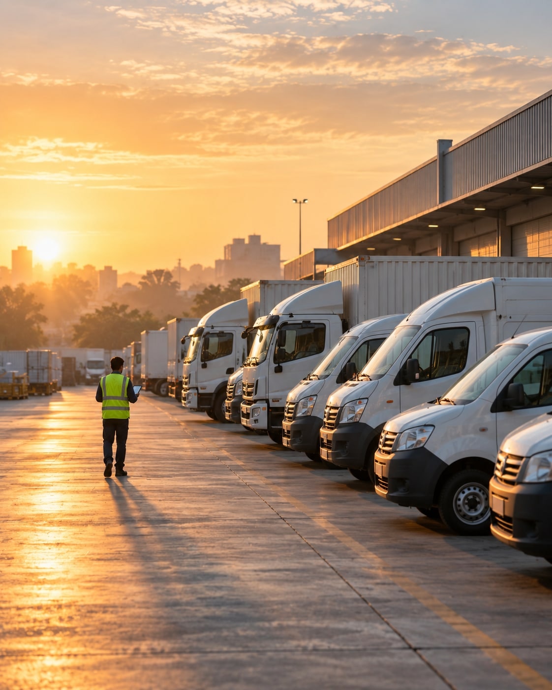 Fleet of commercial vehicles parked at a depot at sunrise