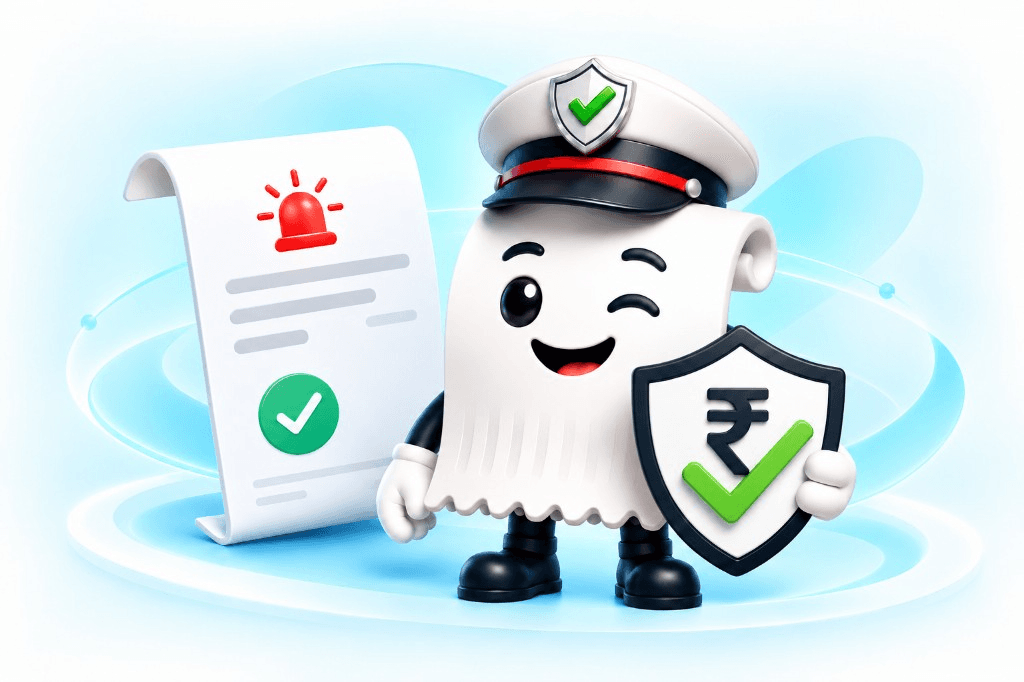 SortMyChallan mascot holding a paid challan and a rupee shield
